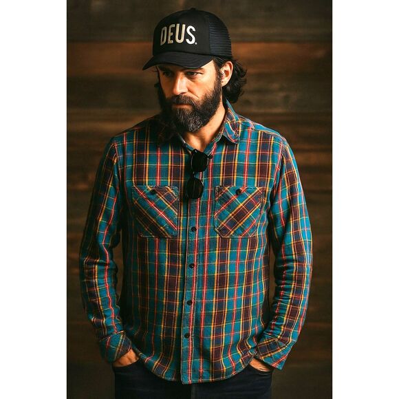 Deus Ex Machina Brown Blue Check Button Up Shirt Top Mens Size Small - Picture 1 of 10